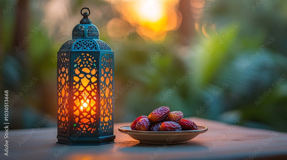 Poster calm ramadan setting with a vivid colored lantern glowing next to a plate of dates arranged on a lig