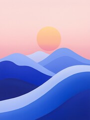 Abstract minimalist landscape illustration with a large sun and blue mountains.