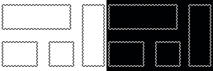 Set of postage stamp sharp straight edge frames. Empty frames collection. Vector illustration isolated in black and white color.