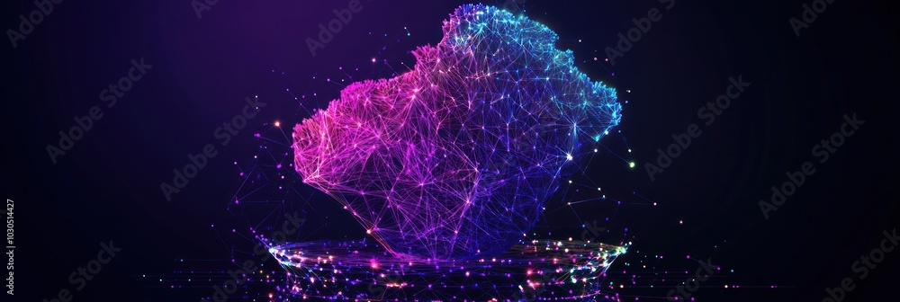 Poster a vibrant, abstract digital representation of a rock-like structure with a network of particles.