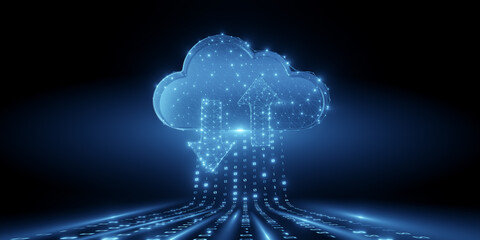 Digital cloud with binary data flow and arrows