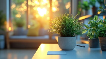 A blank post-it note on a desk, with all surrounding objects including books, notebooks, pens, bright plants, and warm lighting, contributing to a modern and peaceful workspace.