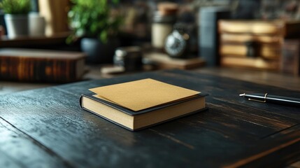 A blank post-it note on a desk, with all surrounding objects including books, notebooks, pens, bright plants, and warm lighting, contributing to a modern and peaceful workspace.