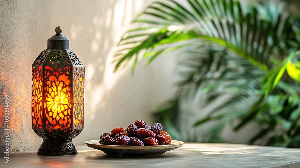 Poster calm ramadan setting with a vivid colored lantern glowing next to a plate of dates arranged on a lig