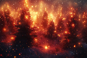 Obraz premium Forest with Christmas trees glowing in warm golden lights on snowy night. Magical and festive landscape