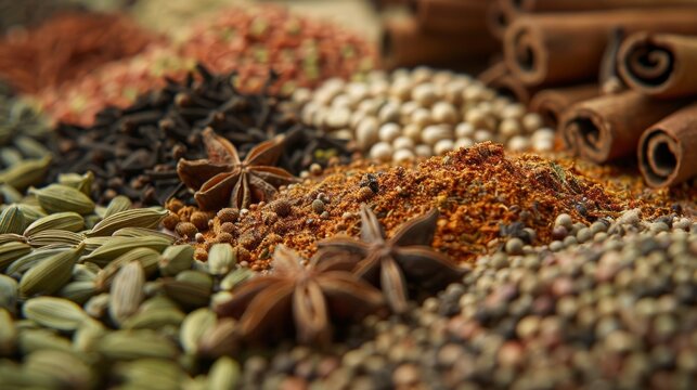 In this image a variety of whole gourmet es are on display including cumin seeds cloves and star anise. The different shapes sizes and textures create a visually intriguing mix highlighting
