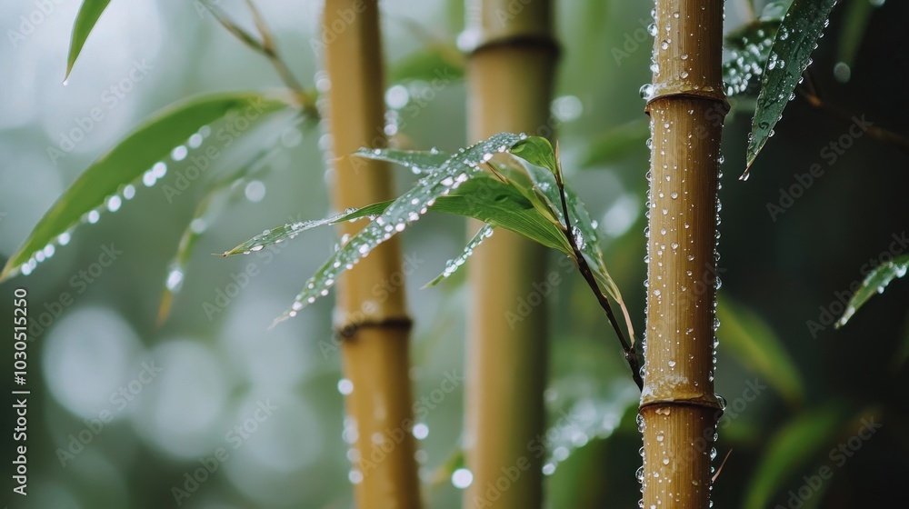 Sticker Close-up of bamboo stalks with water droplets, highlighting nature's beauty and tranquility.