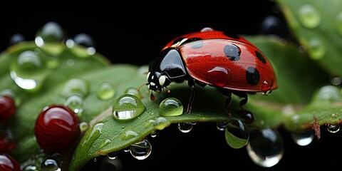 A ladybug perches on a verdant leaf, its vibrant red shell glistening with dewdrops, a testament to the beauty of nature's intricate details.