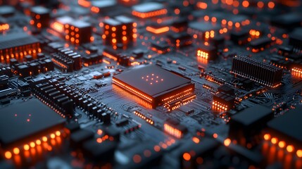 Futuristic Technology Abstract Background with Glowing Orange Lights on a Microchip.
