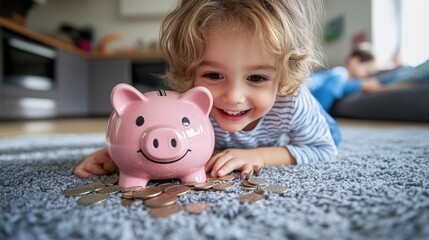 Children and parents participating in a money-saving activity in the kitchen, with kids happily dropping coins into a piggy bank, representing a fun and educational family experience.