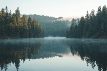 A tranquil mountain lake reflecting the surrounding trees and sky at dawn. 