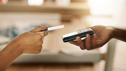 Hands, people and machine with debit card for payment, sale and purchase with transaction. Closeup,...