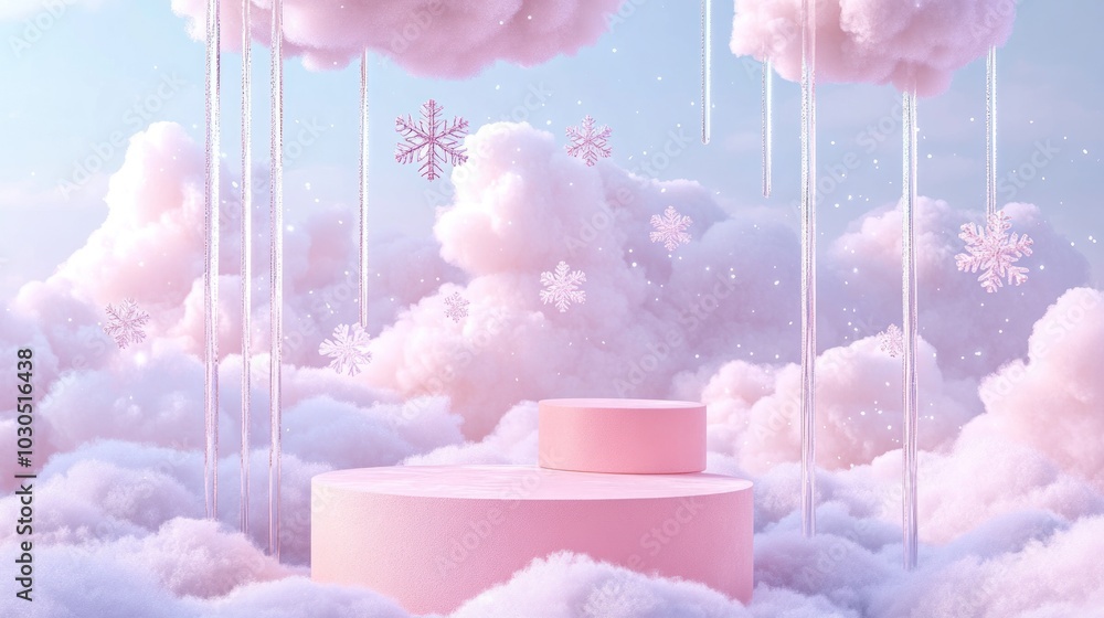 Canvas Prints A dreamy scene with pink clouds and floating snowflakes, featuring a circular pedestal.