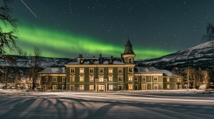 A serene winter scene featuring a historic building under the northern lights.