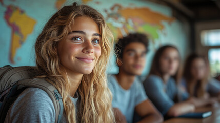 High school students in a modern classroom looking at a world map on the wall, excitedly discussing potential study abroad destinations.