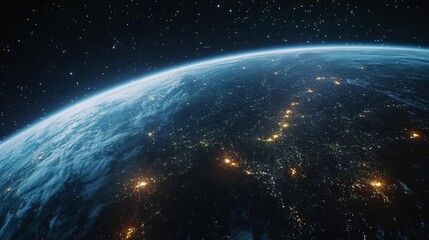 Obraz premium Night view of Earth from space with glowing communication lines.