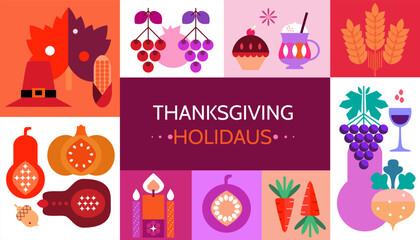 Happy Thanksgiving  Day- template Greeting card with decorations of leaves, pumpkins, sunflower, berry, family dinner of nature.Vector flat icon illustration