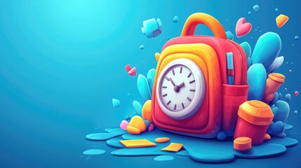 A 3D illustration of a white backpack with an alarm clock and school essentials, placed on a blue background with plenty of space for text, representing the back-to-school season.