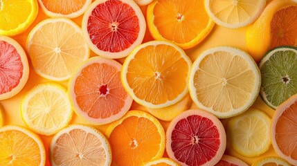 Obraz premium A vibrant assortment of citrus fruit slices arranged aesthetically.