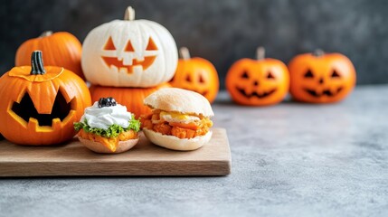 Halloween street carnival in a small American town spooky food trucks selling vampire-themed treats