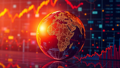 glowing globe surrounded by economic financial markets and trends with innovative technology and creativity