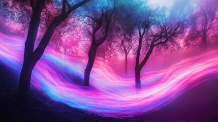 Obraz premium A surreal landscape with glowing trees and flowing light trails in a misty atmosphere.