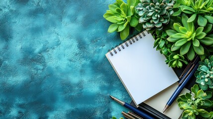 A blank post-it note on a desk, with all surrounding objects including books, notebooks, pens, bright plants, and warm lighting