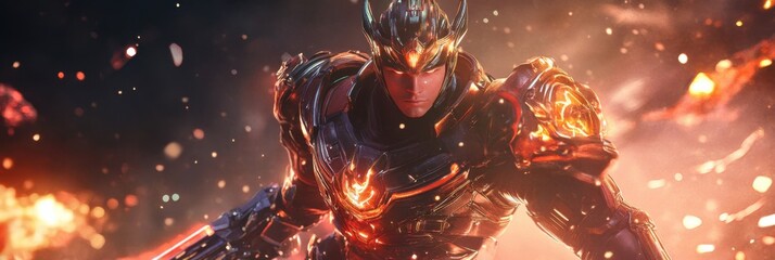 Epic Hero in Fiery Armor: A Stunning Digital Illustration of Fantasy Battle Elements