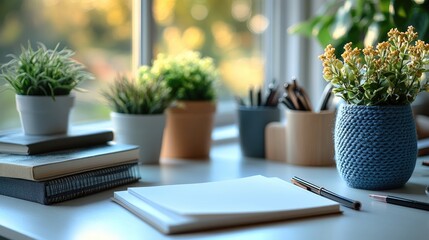 A blank post-it note on a white desk, with all surrounding objects including books, notebooks, pens, bright plants, and warm lighting, contributing to a modern and peaceful workspace.