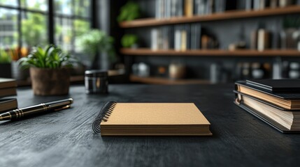 A blank post-it note on a black desk, with all surrounding objects including books, notebooks, pens, bright plants, and warm lighting, contributing to a modern and peaceful workspace.