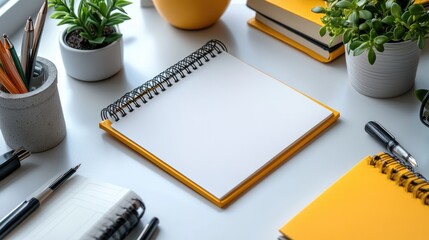 A blank post-it note on a white desk, with all surrounding objects including books, notebooks, pens, bright plants, and warm lighting, contributing to a modern and peaceful workspace.