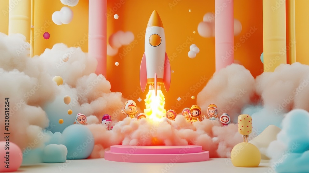 Poster a colorful scene featuring a rocket launching, surrounded by playful characters and clouds.