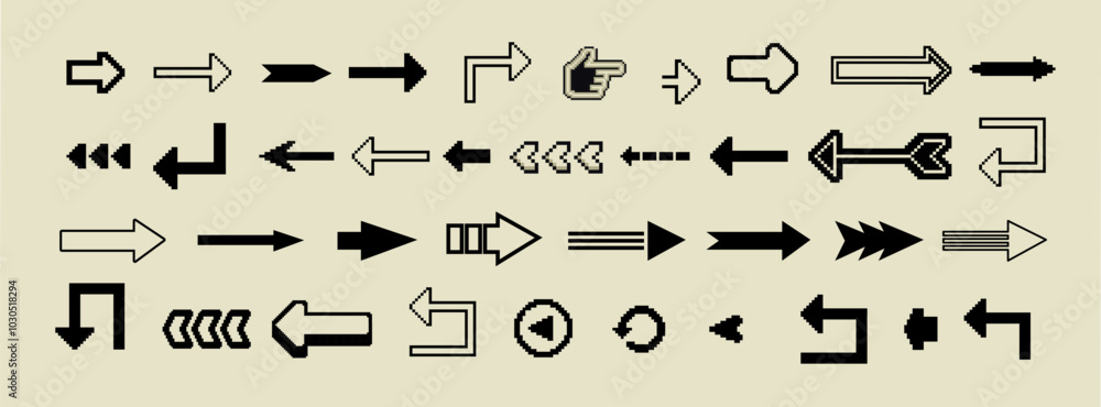 Poster arrows big black set icons , vector collection in different styles. 8 bit pixel arrows vector big se