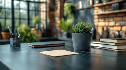A blank post-it note on a black desk, with all surrounding objects including books, notebooks, pens, bright plants, and warm lighting, contributing to a modern and peaceful workspace.