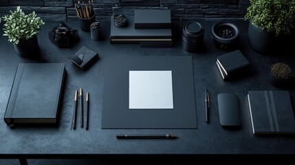 A blank post-it note on a black desk, with all surrounding objects including books, notebooks, pens, bright plants, and warm lighting, contributing to a modern and peaceful workspace.