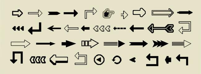 Arrows big black set icons , vector collection in different styles. 8 Bit pixel arrows vector big set of icons, collection of arrow direction cursors in old PC or gaming console style
