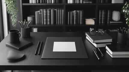 A blank post-it note on a black desk, with all surrounding objects including books, notebooks, pens, bright plants, and warm lighting, contributing to a modern and peaceful workspace.