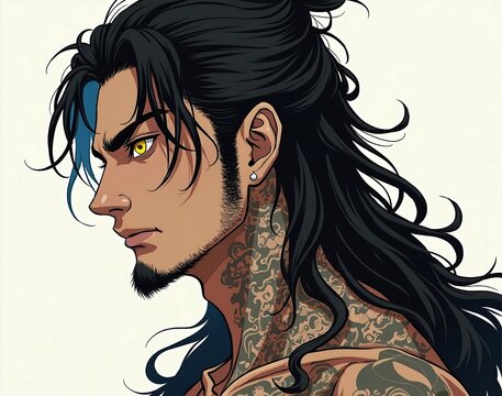 Asian tattooed man with long black hair and yellow eyes