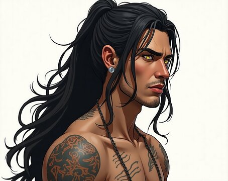 Athletic asian tattooed man with long black hair and yellow eyes