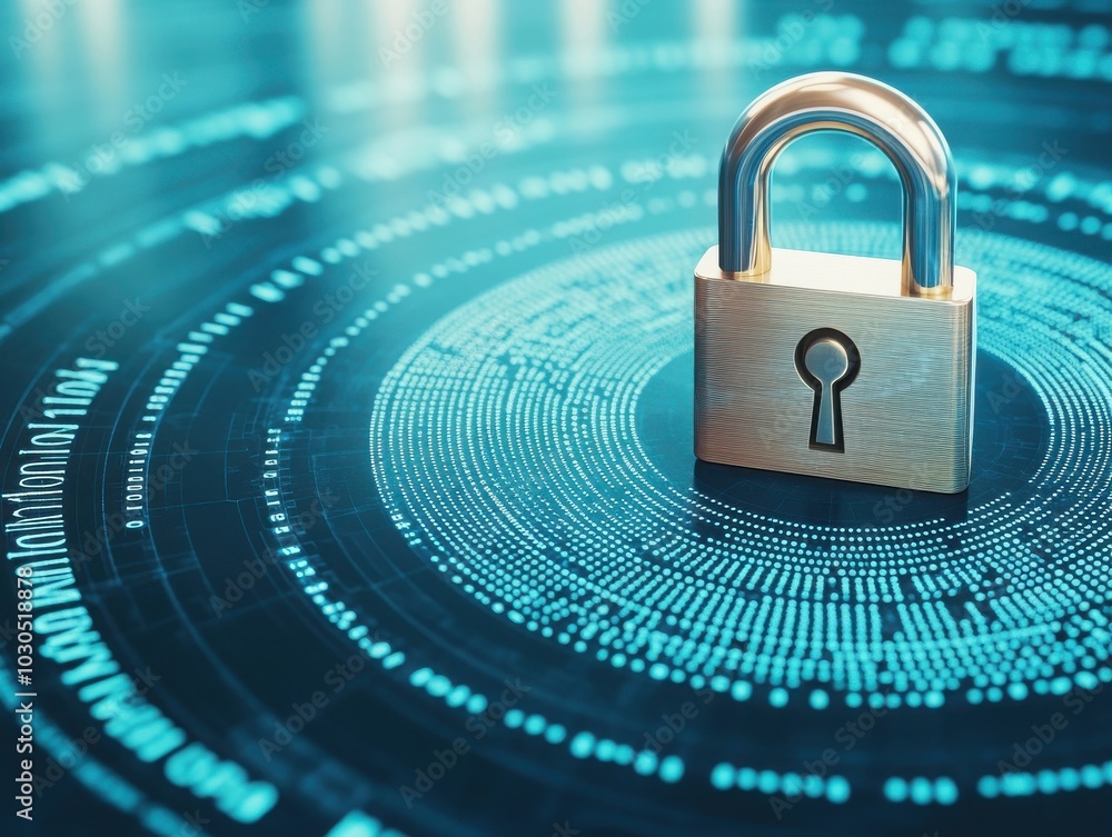 Poster a metallic padlock surrounded by digital data symbols, representing online security and data protect