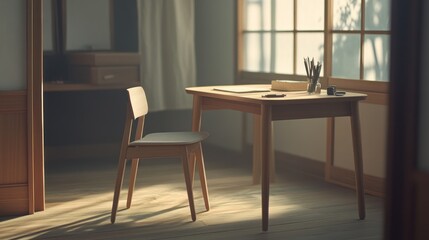 Fototapeta premium A serene workspace with a wooden desk and chair, illuminated by natural light.
