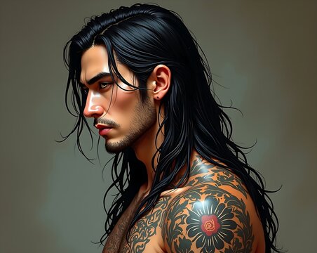 Athletic tattooed man with long black hair and yellow eyes. Author Artist Nadia Russ.	