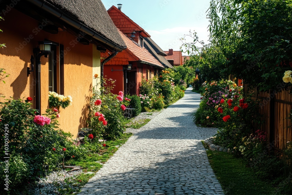 Poster A picturesque cobblestone path lined with colorful houses and blooming flowers.