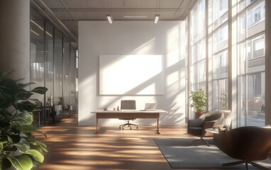 Fototapeta premium A 3D rendering of a modern office interior featuring a spacious desk setup with a blank canvas on the wall