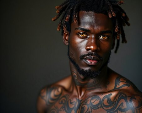 Athletic tattooed black man with short hair, yellow eyes