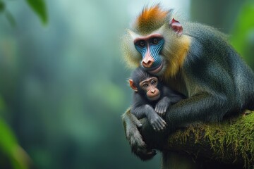 Obraz premium A baboon holds its baby on a mossy branch in a lush, green forest.