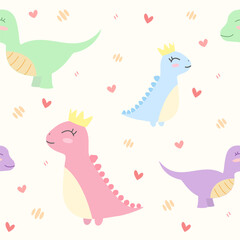 Cute vector colorful dinosaurs wearing crown seamless pattern on light background
