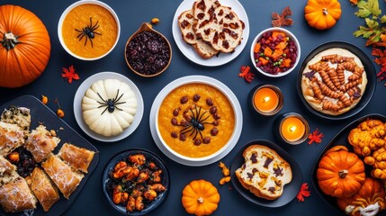 Haunted Halloween farm dinner in rural America long wooden tables set with eerie foods like pumpkin soup