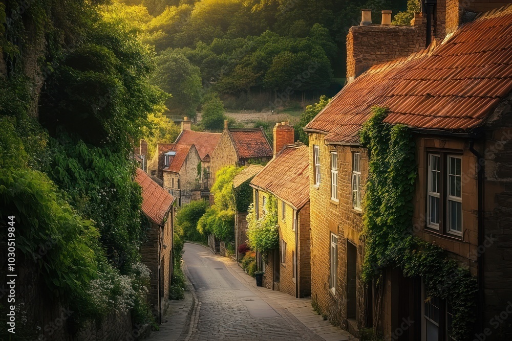 Sticker A picturesque village street with stone houses and lush greenery at sunset.