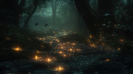 A serene forest scene illuminated by glowing lights and surrounded by misty trees.
